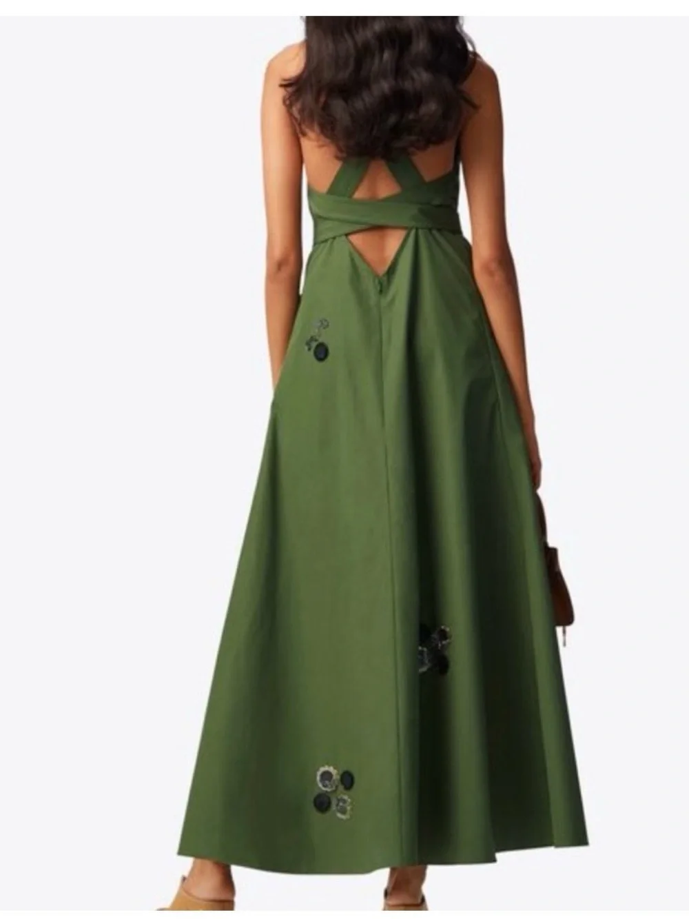 Tory Burch Olive Green Square-Neck Maxi Dress with Waist Tie - Picture 2 of 6